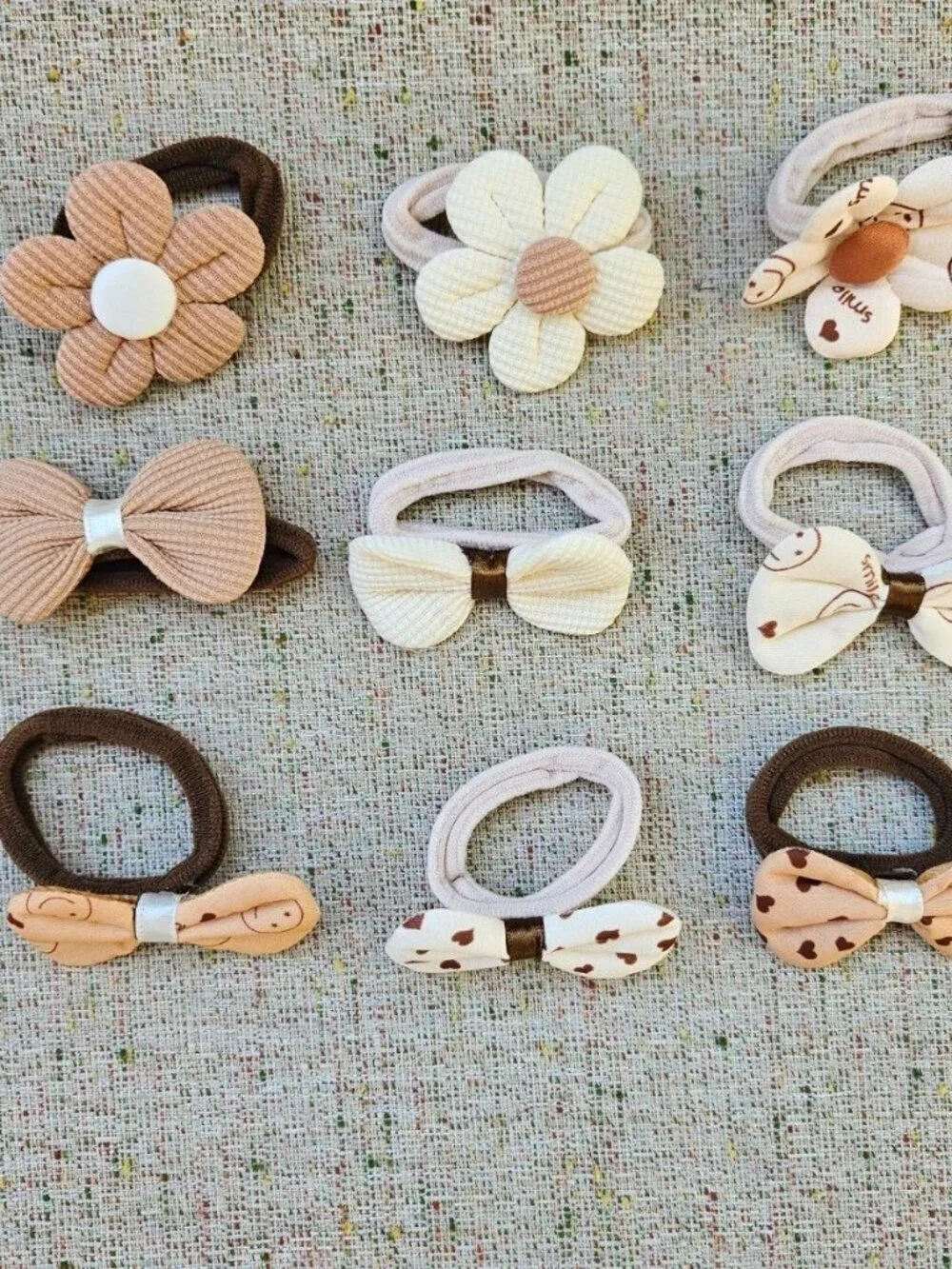 Girl Hair Ties Brown/Tan/Beige Tone Hair Accessories Flower Bow Style set of 9